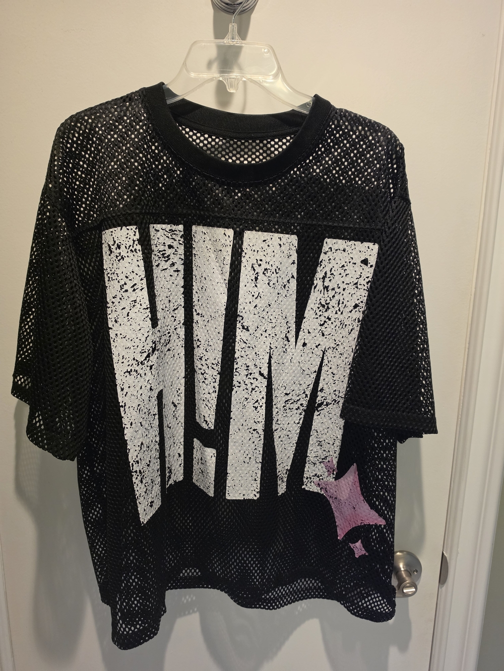 Black Mesh Long Sleeve Tee with White Block Graphic